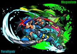  2boys arabian_clothes arm_wrap armored_boots attack_trail belt belt_buckle black_shoes blue_gloves blue_hair blue_headband blue_jacket blue_pants boots buckle character_name commentary_request cropped_jacket feraligatr fighting_stance fingerless_gloves glint gloves green_gloves green_hair green_robe grin headband holding holding_sword holding_weapon jacket jewelry keffiyeh male_focus meganium multicolored_hair multiple_boys necklace open_clothes open_jacket orange_eyes pants paw_shoes personification pokemon red_hair robe shirt shoes short_hair small_sweatdrop smile spiked_gloves surume17 sword thigh_belt thigh_strap two-tone_hair weapon white_shirt wide_sleeves yellow_belt yellow_headband 
