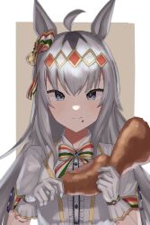  1girl absurdres ahoge animal_ears blue_eyes blush bow bowtie center_frills chicken_(food) chicken_leg closed_mouth eating food frills gloves grey_hair hair_ornament highres holding holding_food horse_ears horse_girl jacket long_hair looking_at_viewer multicolored_bow multicolored_bowtie multicolored_ribbon official_alternate_costume oguri_cap_(ashen_miracle)_(umamusume) oguri_cap_(umamusume) ribbon ronununn shirt short_sleeves smile solo turkey_(food) umamusume upper_body white_gloves white_jacket white_shirt 