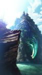  1girl blonde_hair diving green_hair highres long_hair mermaid monster_girl mountain original scenery sunlight technoheart tree water 