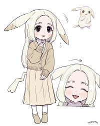  1girl absurdres animal_ears artist_name black_eyes cardigan creature_and_personification droopy_ears full_body gegegekman highres long_hair long_sleeves looking_at_viewer peakychu personification pikachu pokemon pokemon_(creature) pokemon_pokopia reference_inset shirt simple_background smile tail white_background 