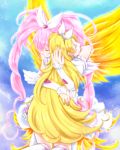  2girls blonde_hair blush closed_eyes cure_melody cure_rhythm frills fuji_tsugu heart highres houjou_hibiki hug long_hair magical_girl midriff minamino_kanade multiple_girls pink_hair precure smile suite_precure tears thigh-highs twintails 