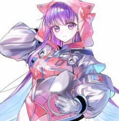  1girl animal_ears bb_(fate) bb_cosmo_(fate) breasts cat_ears fate/grand_order fate_(series) frown gloves grey_gloves helmet highres holding large_breasts leotard long_hair long_sleeves looking_at_viewer minamisakura011 pink_leotard purple_hair ribbon solo space_helmet spacesuit violet_eyes 