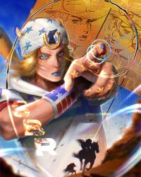  3boys american_flag american_flag_print artist_name beanie blonde_hair blue_eyes blue_lips blue_nails cape cowboy_hat diego_brando english_commentary feathers flag_print goggles goggles_on_headwear golden_spiral gyro_zeppeli hat helmet highres hood hood_down hoodie horse horse_print horseback_riding horseshoe_hat_ornament horseshoe_ornament johnny_joestar jojo_no_kimyou_na_bouken looking_at_viewer makeup male_focus medium_hair multiple_boys pointing pointing_at_viewer red_sleeves riding sayurkailen short_sleeves silhouette sparkle star_(symbol) star_print steel_ball_run twitter_username two-tone_sleeves valkyrie_(jojo) white_hat white_hoodie white_sleeves wristband 