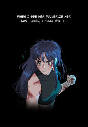  1girl bandaged_hand bandages blood blood_on_arm blood_on_face blue_hair covered_collarbone english_text fanfiction_available garnel_(letsgotomato11) highres long_hair orange_eyes parted_lips ranma_1/2 solo tendou_akane v-shaped_eyebrows 