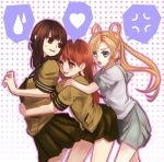  3girls abukuma_(kantai_collection) anger_vein bangs black_eyes black_hair blonde_hair blue_eyes blunt_bangs blush braid brown_eyes brown_hair elk_(zrkn69) girl_sandwich hair_rings hands_on_shoulders heart heart-shaped_pupils hug hug_from_behind kantai_collection kitakami_(kantai_collection) long_hair looking_at_another looking_back multiple_girls ooi_(kantai_collection) open_mouth personification pleated_skirt school_uniform serafuku skirt smile sweatdrop symbol-shaped_pupils twintails yuri 