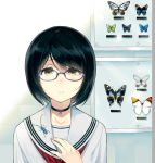  1girl black_hair bob_cut brown_eyes butterfly glasses insect original sasamori_tomoe school_uniform serafuku short_hair smile solo 