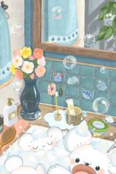  artist_name bar_soap bath bathing bathroom black_eyes blush bubble chinchou closed_eyes commentary cup flower flower_request hair_brush hair_ornament hair_scrunchie hair_tie highres indoors komala looking_at_viewer lotad mantyke maushold maushold_(family_of_three) milcery mirror mug no_humans omochi_(aoi_guruguru) open_mouth pink_flower pink_scrunchie plant pokemon pokemon_(creature) scraggy scrunchie signature sink slowpoke soap_bottle soap_bubbles solid_circle_eyes sticker tentacool tile_wall tiles toothbrush toothpaste towel towel_rack u_u untranslatable_commentary vase watermark wooper yellow_flower 