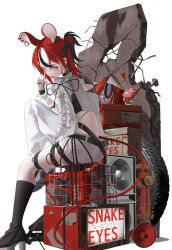  1girl :p absurdres animal_ear_piercing animal_ears asymmetrical_clothes belt black_belt black_boots black_streaks blue_eyes boots commentary cropped_shirt extra_ears fishnets frilled_shirt frills full_body hakos_baelz hakos_baelz_(rat) hakos_baelz_(recolor) hand_up highres hololive hololive_english knee_boots looking_at_viewer mouse_ears mouse_girl mouse_tail multicolored_hair official_alternate_costume pants ponytail red_hair shirt single_pantsleg sitting snake_eyes_(hakos_baelz) solo streaked_hair tail tanishi_(hetianming11093) thigh_strap tongue tongue_out untranslatable_commentary virtual_youtuber white_pants white_shirt white_streaks 