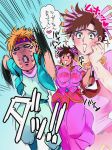  111132daiti 2boys bouncing_breasts breasts brown_hair caesar_anthonio_zeppeli chasing crossdressinging dress green_eyes hair_ornament jojo_no_kimyou_na_bouken joseph_joestar_(young) multiple_boys parody running translated 