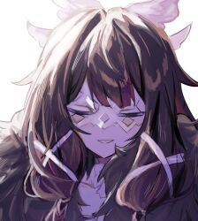  1girl close-up closed_eyes columbina_(genshin_impact) eye_mask fatui_coat fpsnhufstp34779 genshin_impact hair_ornament head_wings highres light_blush light_smile long_hair mask multicolored_hair painterly see-through_clothes see-through_mask simple_background smile solo white_background white_mask white_wings wings x-shaped_eyewear 
