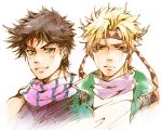  2boys blonde_hair blue_eyes caesar_anthonio_zeppeli danemaru facial_mark feathers fingerless_gloves gloves green_eyes hair_feathers headband jojo_no_kimyou_na_bouken joseph_joestar_(young) multiple_boys scarf 