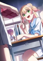  3girls aogami_high_school_uniform arm_rest blonde_hair blue_neckerchief blush box box_of_chocolates classroom commentary_request crossed_bangs demon_girl desk double_bun fang flower gift green_eyes hair_bun hair_flower hair_ornament highres hololive indoors long_hair looking_at_another momosuzu_nene multicolored_hair multiple_girls neckerchief open_mouth pink_hair pointing pointing_at_self pointy_ears purple_hair sailor_collar school_desk school_uniform serafuku setsuna_(l9in1cszw3f6qsq) shirt short_sleeves sitting skirt smile tokoyami_towa twintails two_side_up valentine virtual_youtuber white_serafuku white_shirt 