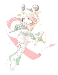  1boy bodysuit closed_mouth commentary cosplay full_body hanamura_yousuke headband headphones highres holding holding_kunai holding_shuriken holding_weapon jiraiya_(persona_4) jiraiya_(persona_4)_(cosplay) kkyagdoyo164972 kunai looking_at_viewer male_focus orange_hair persona persona_4 red_scarf scarf short_hair shuriken simple_background smile solo untranslatable_commentary weapon white_background white_bodysuit yellow_eyes 