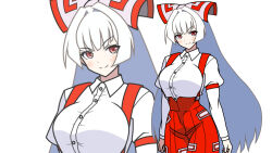  1girl arm_strap blunt_bangs blunt_ends blush bow breasts closed_mouth collared_shirt commentary_request cowboy_shot dress_shirt elhmerize fujiwara_no_mokou hair_bow hair_intakes huge_breasts juliet_sleeves long_hair long_sleeves ofuda ofuda_on_clothes pants pleated_pants puffy_sleeves red_bow red_eyes red_pants red_suspenders shirt sidelocks simple_background smile solo standing straight_hair suspender_pants suspenders touhou upper_body very_long_hair white_background white_bow white_hair white_shirt zoom_layer 