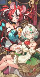  2girls absurdres animal_ears blue_eyes bow can canned_coffee cecilia_immergreen cecilia_immergreen_(1st_costume) collar colored_inner_hair commentary_request cup detached_collar detached_sleeves doll_joints dress drink_can gloves green_eyes grey_hair hakos_baelz hakos_baelz_(1st_costume) highres holding holding_cup hololive hololive_english joints melaton miniskirt mouse_ears mouse_girl mouse_tail mr._squeaks_(hakos_baelz) multicolored_hair multiple_girls red_hair single_glove skirt smile spiked_collar spikes strapless strapless_dress streaked_hair tail tail_bow tail_ornament tea teacup twintails virtual_youtuber winding_key 