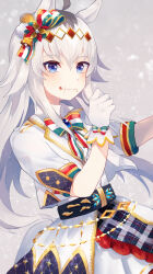  1girl ahoge animal_ears blue_eyes blush bow bowtie center_frills cheek_bulge closed_mouth commentary_request ear_bow food food_on_face frills gloves grey_hair grey_tail hair_ornament highres horse_ears horse_girl horse_tail jacket long_hair looking_at_viewer momiji_shiori multicolored_bow multicolored_bowtie multicolored_ribbon official_alternate_costume oguri_cap_(ashen_miracle)_(umamusume) oguri_cap_(umamusume) ribbon shirt short_sleeves skirt solo tail umamusume white_gloves white_jacket white_shirt white_skirt 
