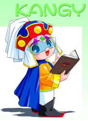  1boy 2000s_(style) :d bikkuriman_2000 black_shoes blue-tinted_eyewear blue_cape blue_eyes blue_hat book cape character_name colored_shoe_soles commentary_request eyes_visible_through_eyewear facial_mark forehead_mark from_side full_body hands_up hat headwear_request hindenburg_(hindenburugu) holding holding_book index_finger_raised invisible_floor jacket kanji_(bikkuriman_2000) long_sleeves looking_at_viewer male_focus no_sclera open_book open_mouth pants purple_hair shadow shoes smile solo standing star_(symbol) star_facial_mark tinted_eyewear turning_head two-tone_background white_pants yellow_jacket 