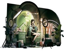  1girl aqua_dress aqua_streaks artist_request bag belt belt_buckle brown_hair buckle camera dress gloves handbag hat hat_ornament high_chair highres hologram jewelry mirror multicolored_hair necklace off_shoulder official_art path_to_nowhere plant potted_plant ring_light shopping_bag single_glove sleeveless streaked_hair table thalia_(path_to_nowhere) tripod vanity_table white_belt 