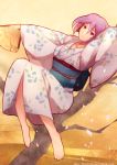  1girl barefoot benten-sama_(uchouten_kazoku) cherry_blossoms fan feesh japanese_clothes kimono obi purple_hair uchouten_kazoku violet_eyes 