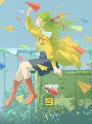  1girl absurdres arm_at_side black_skirt boots chinese_commentary closed_mouth coat commentary_request day detached_sleeves expressionless floating_hair foliage from_side full_body green_eyes green_hair grey_sky hair_ribbon highres holding holding_paper_airplane long_hair long_sleeves looking_at_object looking_up neckerchief open_clothes open_coat original outdoors overgrown paper_airplane pleated_skirt profile red_boots red_neckerchief red_ribbon ribbon rubber_boots shirt shirt_tucked_in sitting skirt sky solo user_dgdk8884 variant_set white_shirt yellow_coat 