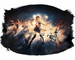  1girl ark_(path_to_nowhere) artist_request black_boots blonde_hair boots bow chain facial_mark fire full_body garter_straps hair_between_eyes hat highres long_hair night official_art path_to_nowhere railing red_bow ship ship_deck socks thigh-highs thigh_boots watercraft white_hat white_socks white_thighhighs 