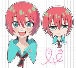  1girl amate_yuzuriha aqua_eyes aqua_shirt commentary_request diagonal-striped_clothes diagonal-striped_necktie drawing410 frown grid_background gundam gundam_gquuuuuux hair_between_eyes jitome looking_at_viewer multiple_views necktie open_mouth red_hair shirt short_hair smile striped_clothes upper_body v-shaped_eyebrows 
