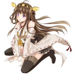  1girl ahoge bare_shoulders brown_hair detached_sleeves double_bun hair_ornament hairband headgear japanese_clothes kantai_collection kongou_(kantai_collection) long_hair looking_at_viewer personification skirt solo thighhighs violet_eyes white_background wide_sleeves 