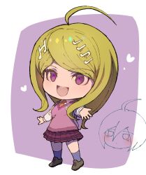  1girl ahoge akamatsu_kaede blonde_hair breasts chibi collared_shirt commentary_request danganronpa_(series) danganronpa_v3:_killing_harmony hair_ornament highres long_hair long_sleeves looking_at_viewer musical_note musical_note_hair_ornament necktie open_mouth pink_sweater_vest pleated_skirt saihara_shuichi shirt skirt smile sweater_vest vest white_shirt youko-shima 