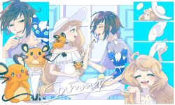  1boy 1girl alternate_costume black_hair blonde_hair calem_(pokemon) character-themed_food closed_eyes commentary_request dedenne dress feeding food grey_shirt hat hetero highres ice_cream meowstic meowstic_(male) open_mouth pokemon pokemon_(creature) pokemon_xy ponytail serena_(pokemon) shirt short_ponytail sun_hat tsugomori_oekk white_dress 