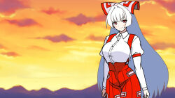 1girl arm_strap blunt_bangs blunt_ends blush bow breasts closed_mouth clouds collared_shirt commentary_request cowboy_shot dress_shirt elhmerize fujiwara_no_mokou hair_bow hair_intakes huge_breasts juliet_sleeves long_hair long_sleeves mountainous_horizon ofuda ofuda_on_clothes pants pleated_pants puffy_sleeves red_bow red_eyes red_pants red_suspenders shirt sidelocks sky smile solo standing straight_hair sunset suspender_pants suspenders touhou very_long_hair white_bow white_hair white_shirt yellow_background 