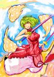  1girl armpits baggy_pants bare_shoulders breasts chinese_clothes clouds dual_wielding flying green_hair grin highres katana lips matsukei original red_eyes sky smile sword weapon whorled_clouds yin_yang 