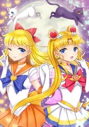  1girl 2girls aino_minako artemis_(sailor_moon) bishoujo_senshi_sailor_moon black_cat blonde_hair blue_eyes bow cat choker double_bun elbow_gloves gloves holding_hands long_hair luna_(sailor_moon) magical_girl multiple_girls sailor_collar sailor_moon sailor_venus ssak-i super_sailor_moon tiara tsukino_usagi twintails wink 