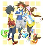  1girl 2boys bag black_hair black_legwear blue_eyes brown_eyes brown_hair double_bun fingerless_gloves gloves hat highres hue_(pokemon) jacket kasuminchi kyouhei_(pokemon) long_hair mei_(pokemon) messenger_bag multiple_boys open_mouth oshawott pantyhose pokemon pokemon_(creature) pokemon_(game) pokemon_bw2 raglan_sleeves short_hair shorts shoulder_bag smile snivy spiky_hair tepig twintails visor_cap 