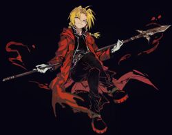  1boy amestris_military_uniform belt black_background black_boots black_jacket black_pants black_shirt blonde_hair blood boots closed_mouth coat collared_jacket edward_elric full_body fullmetal_alchemist gloves highres holding holding_polearm holding_weapon invisible_chair jacket long_hair looking_at_viewer male_focus pants polearm popped_collar red_coat shirt simple_background sitting smile solo spear weapon white_gloves xue_ezi yellow_eyes 
