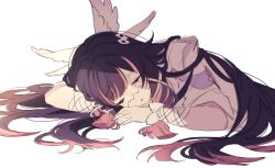  1girl closed_eyes columbina_(genshin_impact) commentary_request eye_mask genshin_impact hair_ornament hair_spread_out highres long_hair lying mask multicolored_hair on_side see-through_clothes see-through_mask simple_background sketch sleeping solo white_background white_mask wing_hair_ornament wings woolly_(ll_0o0) x-shaped_eyewear 