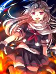  1girl blonde_hair bow fingerless_gloves flame gloves hair_bow hair_ornament hairclip kantai_collection long_hair open_mouth personification red_eyes sakura_(lilak_a) school_uniform serafuku skirt solo thigh_strap yuudachi_(kantai_collection) 