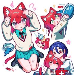  1boy 1girl amate_yuzuriha animal_ears aqua_eyes aqua_shirt aqua_skirt bandaid blue_hair blush cat_ears cat_girl cat_tail closed_mouth collared_shirt colored_inner_hair commentary_request couple fish fishbowl gloves gundam gundam_gquuuuuux hetero highres holding injury long_sleeves looking_at_viewer multicolored_hair necktie nut87501 open_mouth purple_hair red_eyes red_hair school_uniform shirt short_hair shuji_ito simple_background skirt smile sweater tail tank_top tears two-tone_hair water white_background white_shirt 