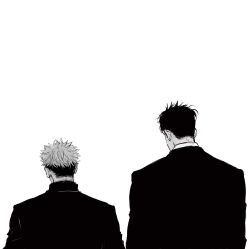  2boys commentary from_behind gakuran greyscale height_difference highres higuruma_hiromi itadori_yuuji jacket jujutsu_kaisen male_focus monochrome multiple_boys rylmee2 school_uniform short_hair simple_background suit_jacket undercut untranslatable_commentary upper_body white_background 