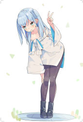  1girl armpit_cutout averting_eyes black_boots black_pantyhose blue_hair blush boots breasts clothing_cutout collarbone commentary_request dress full_body green_eyes hair_between_eyes highres leaning_forward long_hair looking_down original pa._(tatuya28001) pantyhose parted_lips peanut_mouth sidelocks simple_background small_breasts solo sweat tearing_up two_side_up v white_background white_dress wide_sleeves 