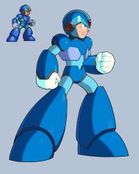  1boy absurdres android armor blue_armor blue_helmet diegodoodles forehead_jewel from_side full_body gloves grey_background helmet highres mega_man_(series) mega_man_x_(series) official_style pixel_art redrawn robot robot_ears sensei_haruki_suetsugu_(style) simple_background solo standing white_gloves x_(mega_man) 