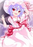  1girl arm_up ascot bat_wings blue_hair broom fangs hat highres kagerou_(kers) looking_at_viewer open_mouth red_eyes remilia_scarlet short_hair skirt skirt_set smile solo touhou tsurime wings wrist_cuffs 