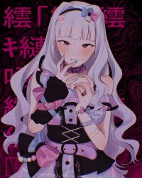  1girl absurdres alternate_costume arm_warmers bandaid bandaid_on_arm bandaid_on_finger bandaid_on_hand belt blue_nails blush bow breasts chromatic_aberration collar commentary_request dress dress_bow fingernails food-themed_hair_ornament grey_hair grin hair_bow hair_ornament hairband hands_up heart heart-shaped_pupils highres idolmaster idolmaster_(classic) idolmaster_million_live! idolmaster_million_live!_theater_days ikanya long_hair looking_at_viewer nail_polish narutomaki_hair_ornament pink_belt pink_collar plaid_clothes plaid_dress qute_x_qualm_(idolmaster) red_eyes shijou_takane single_arm_warmer smile solo symbol-shaped_pupils two-tone_bow two-tone_dress upper_body yandere 