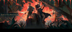  2boys absurdres anderson_hood back-to-back black_coat boots brown_boots brown_hair brown_vest burning burning_ship chinese_commentary coat commentary_request copyright_name extra_arms fingerless_gloves fire gehrman_sparrow glasses gloves glowing glowing_sword glowing_weapon gun hair_slicked_back highres holding holding_gun holding_sword holding_weapon klein_moretti lord_of_the_mysteries male_focus mao_wei_du_jiao_shou mast multiple_boys open_clothes open_coat pants people red_gloves revolver ship shirt short_hair single_glove sword turtleneck turtleneck_shirt vest watercraft weapon white_shirt 