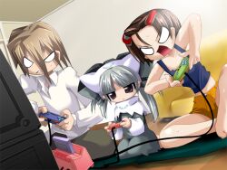  1boy 2000s_(style) 2girls angry barefoot blue_camisole blunt_bangs breasts brown_eyes brown_hair camisole capelet child closed_mouth collarbone collared_shirt controller couch cushion dress dutch_angle expressionless game_cg game_console game_controller grey_dress grey_eyes grey_hair grey_hat grey_pants hair_between_eyes hair_ornament hairclip hat holding holding_controller holding_game_controller indian_style indoors jitome kenki_fujioka long_hair long_sleeves magical_girl majo_no_ochakai multiple_girls non-web_source official_art open_mouth pants parted_bangs playing_games playing_video_games ponika_(majo_no_ochakai) seiza shirt short_hair shorts side-by-side sitting small_breasts sweat television thighs triangle_mouth tsurime twintails v-shaped_eyebrows video_game white_capelet white_eyes white_shirt wooden_floor yellow_shorts yuuhi_megumi_(majo_no_ochakai) zabuton 