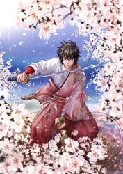  1boy black_hair blue_eyes cherry_blossoms commentary_request dual_wielding highres holding holding_sword holding_weapon japanese_clothes katana kimono looking_at_viewer male_focus momo_neko samurai sanada_ryou short_hair solo sword weapon yoroiden_samurai_troopers 