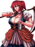  1girl beer_can breasts can cleavage coin hair_bobbles hair_ornament large_breasts onozuka_komachi over_shoulder red_eyes redhead scythe short_twintails skewer sweat tagme terajin touhou twintails weapon weapon_over_shoulder 