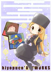  1girl arms_up artist_name black_boots black_capelet black_dress black_hat black_jacket blonde_hair blue_jacket blush boots cape capelet clouds cloudy_sky conductor_(ginga_tetsudou_999) dot_nose drawstring dress eyelashes flower flower_ring funeral_dress fur-trimmed_dress fur_hat fur_trim ginga_tetsudou_999 gloves glowing glowing_eyes green_eyes hat hat_tip hiyopuko hoshino_tetsurou ikeda_masako jacket long_hair looking_to_the_side maetel papakha placard pom_pom_(clothes) purple_background sigh sign single_tear sitting sky star_(sky) starry_sky surprised train_conductor very_long_hair 