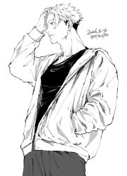  1boy adam's_apple commentary covered_pectorals dated greyscale hand_in_pocket hand_on_own_head highres itadori_yuuji jacket jujutsu_kaisen jujutsu_kaisen_modulo male_focus monochrome pants pectorals short_hair simple_background solo tiyu0710 twitter_username undershirt untranslatable_commentary white_background 