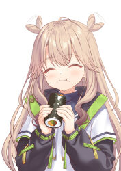  1girl :3 :t ^_^ afterimage ahoge anemoi black_sleeves blush brown_hair closed_eyes closed_mouth commentary_request double_bun eating ehoumaki expressive_hair eyelashes facing_viewer food food_on_face fusaba_aino hair_between_eyes hair_bun hands_up happy highres holding holding_food jacket kimishima_ao long_hair long_sleeves makizushi missing_headwear motion_lines official_art sidelocks simple_background smile solo sushi upper_body very_long_hair white_background white_jacket 