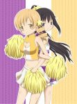  2girls akemi_homura black_hair blonde_hair breasts cheerleader cleavage drill_hair lieass long_hair mahou_shoujo_madoka_magica multiple_girls ponytail tomoe_mami twin_drills 